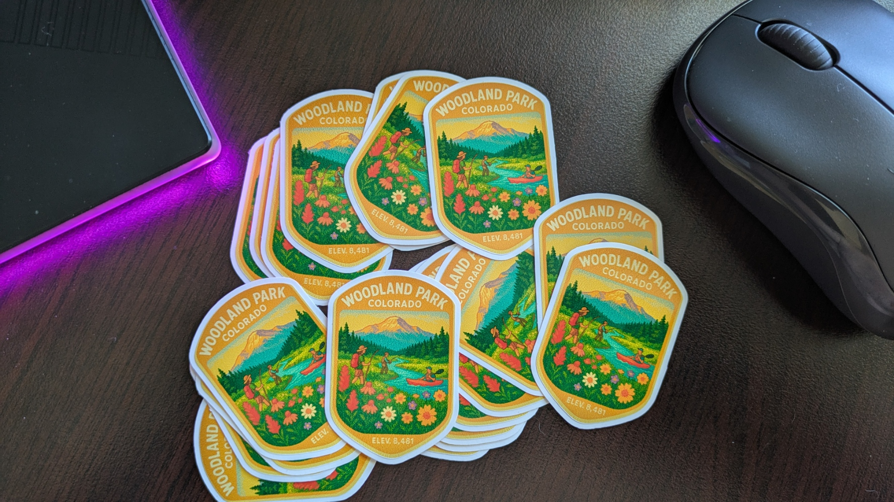 Woodland Park, Co mountain river, Wildflowers, kayaker water bottle sticker image 1