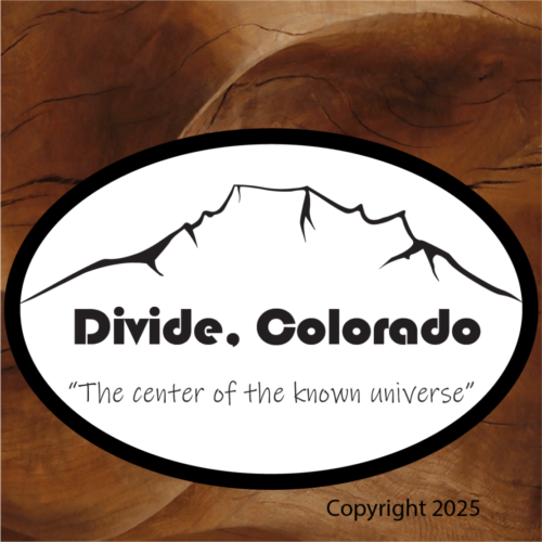 Black and white oval stickers by Brian Lloyd Designs divide Colorado. This is a Divide Colorado, the center of the unknown universe, black and white oval sticker.