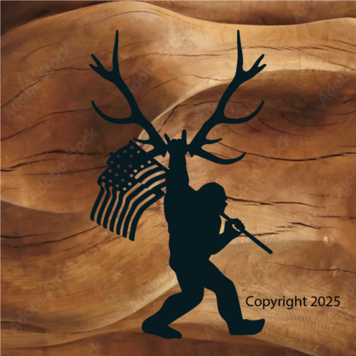 Sasquatch holding an American flag, holding up some elk antlers. Bigfoot Sasquatch stickers are Brian Lloyd designs.