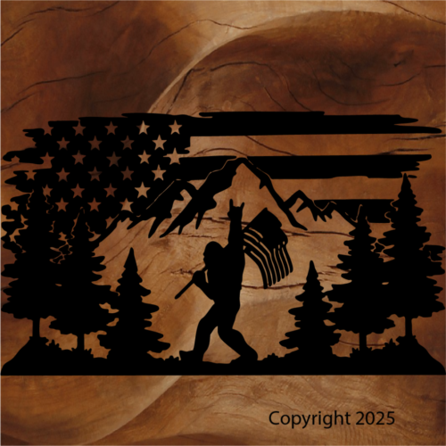 Brian Lloyd's Designs, Bigfoot holding a flag with a mountain scene and trees behind him. Holding up the rock on symbol.