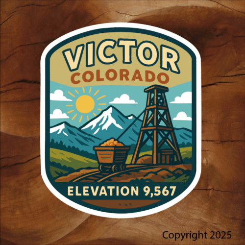 Victor, Co Stickers with rich old mining town history with ore cart, Elevation image 0