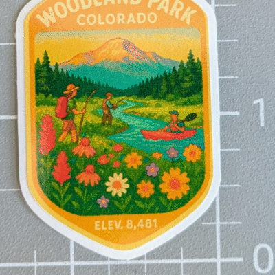 f7a97908-bde86a_71ac1690d0214f6d828fb50edc590fc0_mv2 Woodland Park, Co mountain river, Wildflowers, kayaker water bottle sticker image 2