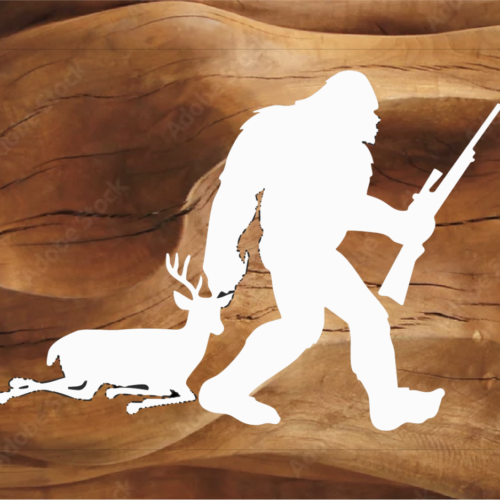 Bigfoot Sasquatch stickers - Bigfoot Sasquatch dragging a deer with a hunting rifle sticker by Brian Lloyd Designs.