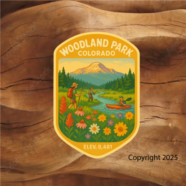 Woodland Park, Co mountain river, Wildflowers, kayaker water bottle sticker