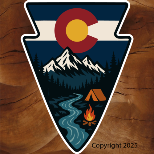 Colorado arrowhead sticker, Colorado wilderness sticker, Colorado flag sticker, arrowhead sticker, camping sticker, mountain landscape sticker, river sticker, campfire sticker, tent camping sticker, outdoor adventure sticker, hiking sticker, camping lifestyle sticker, nature sticker, national park style sticker, illustrated outdoor sticker, vinyl outdoor sticker, waterproof vinyl sticker, water bottle sticker, cooler sticker, truck sticker, laptop sticker, car window sticker, outdoor gear sticker, Colorado souvenir sticker, Colorado pride sticker