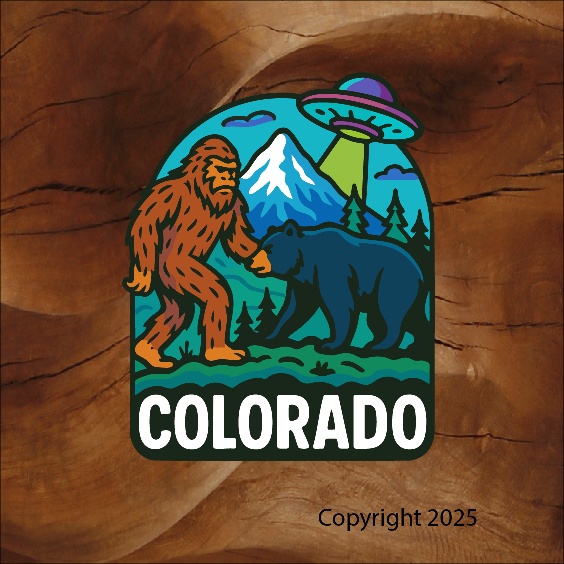 Colorado Bigfoot sticker, Bigfoot sticker, Sasquatch sticker, Colorado sticker, Colorado souvenir sticker, cryptid sticker, UFO sticker, alien sticker, Bigfoot Colorado, mountain sticker, Rocky Mountains sticker, bear sticker, outdoor adventure sticker, hiking sticker, camping sticker, folklore sticker, sci fi sticker, illustrated sticker, cartoon style sticker, vinyl outdoor sticker, waterproof vinyl sticker, laptop sticker, water bottle sticker, car window sticker, travel souvenir sticker, Colorado gift shop sticker, tourist souvenir sticker, wilderness sticker
