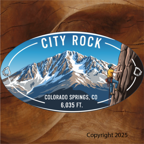 City Rock sticker, City Rock Colorado Springs, Colorado Springs climbing sticker, rock climbing sticker, climbing gym sticker, Pikes Peak sticker, Colorado Springs sticker, Colorado souvenir sticker, elevation sticker, 6035 ft sticker, climber sticker, outdoor adventure sticker, rock climber art, illustrated sticker, badge style sticker, vinyl outdoor sticker, waterproof vinyl sticker, laptop sticker, water bottle sticker, helmet sticker, gear sticker, car window sticker, travel souvenir sticker, Colorado gift shop sticker, Colorado Springs gift shop, climbing lifestyle sticker, mountain adventure sticker