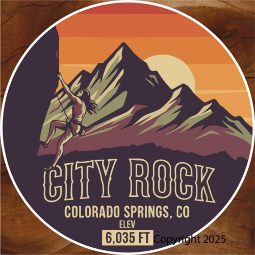 City Rock name drop sticker, City Rock Colorado Springs, City Rock sticker, Colorado Springs name drop sticker, climbing gym sticker, rock climbing sticker, climber sticker, mountain sunset sticker, Pikes Peak area sticker, Colorado Springs sticker, Colorado souvenir sticker, elevation sticker, 6035 ft sticker, local pride sticker, climbing lifestyle sticker, outdoor adventure sticker, illustrated sticker, circular badge sticker, vinyl outdoor sticker, waterproof vinyl sticker, laptop sticker, water bottle sticker, helmet sticker, gear sticker, car window sticker, Colorado gift shop sticker, Colorado Springs gift shop