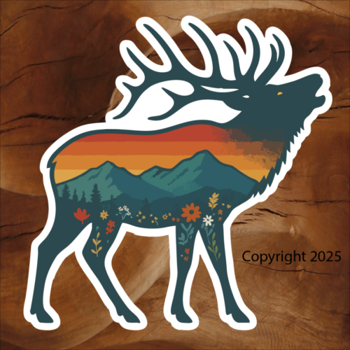 Colorado Elk sticker with mountain scene and flowers, bright colors, mountain elk.