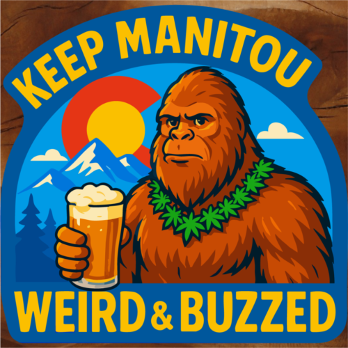 Bigfoot drinking a beer with Marijuana Leaf stickers, Bigfoot marijuana stickers, Manitou Springs stickers, Manitou Weird and Buzz stickers, Manitou beer stickers, Manitou Springs beer stickers, Colorado Springs beer stickers, Colorado Springs Bigfoot Sasquatch stickers, Sasquatch stickers by Brian Lloyd Designs.