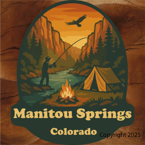 Colorado stickers Fishing, Mountain stream with eagle name drop sticker, manitou name drop