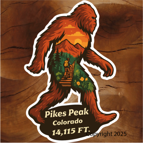 Pikes Peak Stickers, Pikes Peak Yeti Stickers, Pikes Peak Bigfoot Stickers, Bigfoot Colorado Stickers. Brian Lloyd Designs stickers Colorado. Colorado stickers by Brian Lloyd Designs. Pikes Peak Printing Stickers.