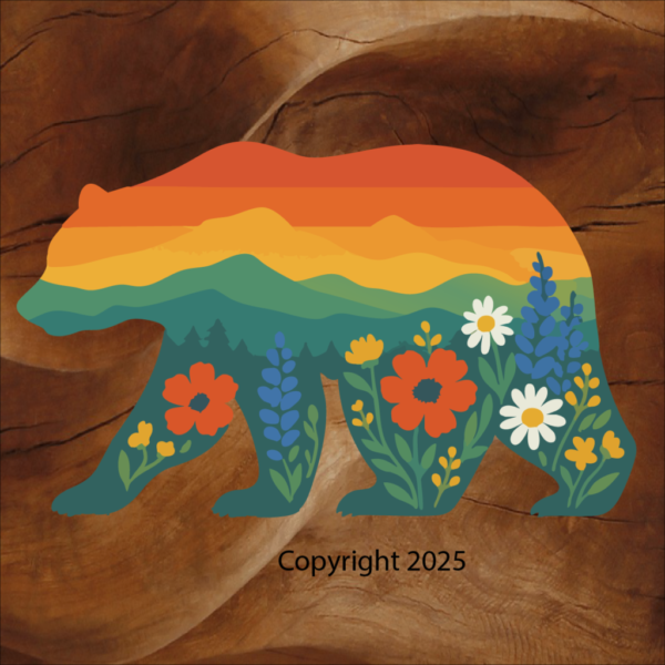Bear Sticker with colorful mountain scene inside the silhouette Sticker