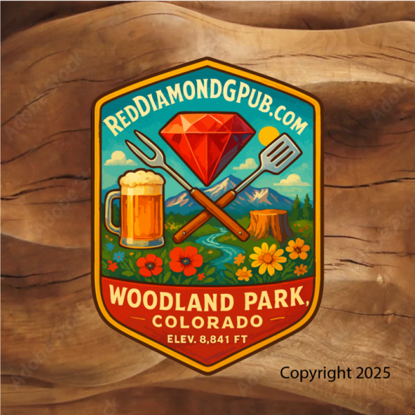 Red diamond Woodland Park Pub stickers water bottle, laptop sticker, decals Woodland Park Colorado Red Diamond G Pub Sticker – Mountain View Elevation Design