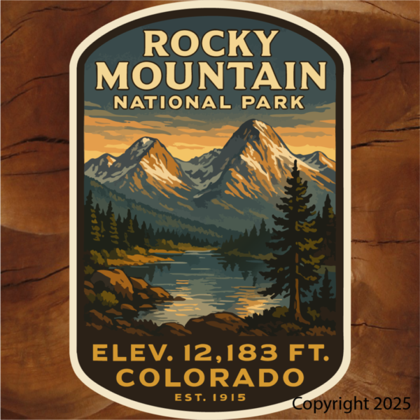 Rocky Mountain National Park vinyl stickers featuring mountain alpine artwork