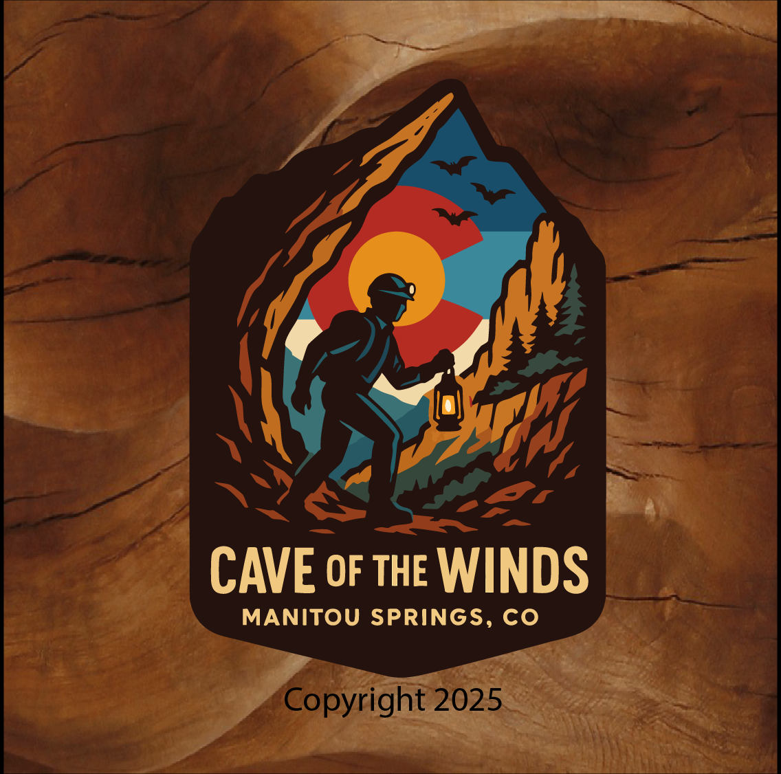 Cave of the Winds sticker, Cave of the Winds Explorer, Manitou Springs sticker, Manitou Springs Colorado, Colorado cave sticker, cave explorer sticker, lantern explorer sticker, Colorado landmark sticker, Colorado souvenir sticker, outdoor adventure sticker, hiking sticker, travel souvenir sticker, Colorado tourism sticker, cave exploration art, illustrated sticker, badge style sticker, vinyl outdoor sticker, waterproof vinyl sticker, laptop sticker, water bottle sticker, car window sticker, tourist souvenir sticker, Colorado gift shop sticker, Manitou Springs gift shop, adventure sticker, Colorado travel sticker