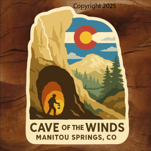 Cave of the Winds sticker, Cave of the Winds Colorado, Manitou Springs sticker, Manitou Springs Colorado, Colorado cave sticker, Colorado landscape sticker, cave entrance sticker, lantern explorer sticker, Colorado landmark sticker, Colorado souvenir sticker, outdoor adventure sticker, hiking sticker, travel souvenir sticker, Colorado tourism sticker, illustrated landscape sticker, retro style sticker, vinyl outdoor sticker, waterproof vinyl sticker, laptop sticker, water bottle sticker, car window sticker, tourist souvenir sticker, Colorado gift shop sticker, Manitou Springs gift shop, adventure sticker, Colorado travel sticker