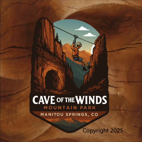 Cave of the Winds sticker, Cave of the Winds Mountain Park, Cave of the Winds zipline, Manitou Springs sticker, Manitou Springs Colorado, Colorado adventure sticker, zipline sticker, outdoor adventure sticker, mountain park sticker, Colorado landmark sticker, Colorado souvenir sticker, hiking sticker, travel souvenir sticker, Colorado tourism sticker, canyon adventure sticker, illustrated sticker, badge style sticker, vinyl outdoor sticker, waterproof vinyl sticker, laptop sticker, water bottle sticker, car window sticker, tourist souvenir sticker, Colorado gift shop sticker, Manitou Springs gift shop, adventure travel sticker, Colorado travel sticker