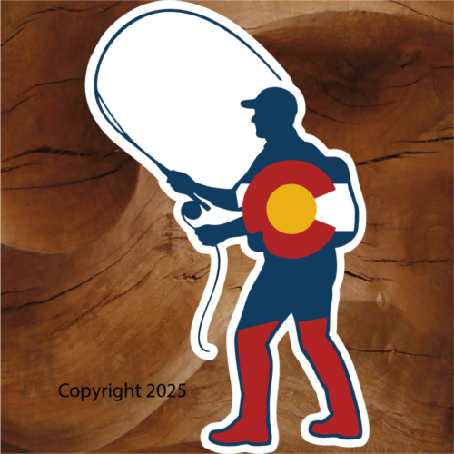 Colorado fly fishing sticker, fly fishing sticker, Colorado fishing sticker, fly fisherman sticker, Colorado flag sticker, fishing silhouette sticker, angler sticker, trout fishing sticker, river fishing sticker, outdoor lifestyle sticker, Colorado outdoor sticker, fishing art sticker, illustrated fishing sticker, minimalist sticker, vinyl outdoor sticker, waterproof vinyl sticker, water bottle sticker, cooler sticker, tackle box sticker, truck sticker, laptop sticker, car window sticker, outdoor adventure sticker, fishing gift sticker, Colorado pride sticker